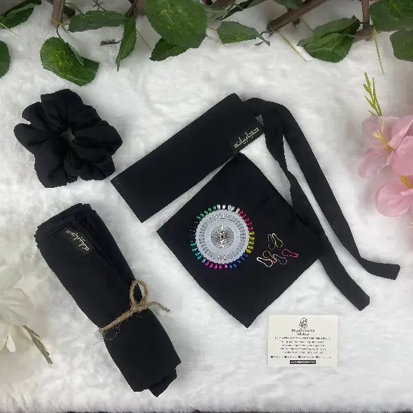 Black Niqab Set HB-3 with Stoller, Brooch, Wheel Pin & Scrunchies – Hijabiyana